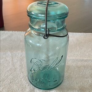 VINTAGE Blue/Aqua Glass BALL Mason Jar with Wire Clamp